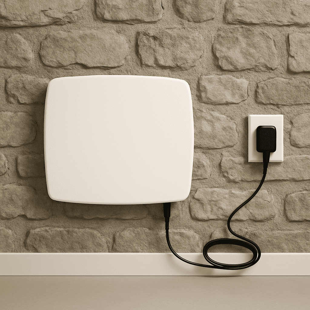 ATE Gerät an Steinmauer installiert – Effektive Lösung gegen aufsteigende Feuchtigkeit