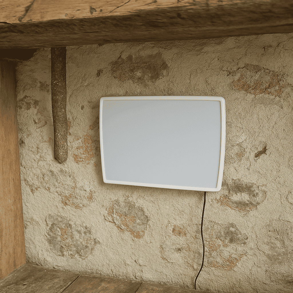 ATE Gerät an feuchter Wand installiert zur Behandlung von aufsteigender Feuchtigkeit und Salpeter im Mauerwerk